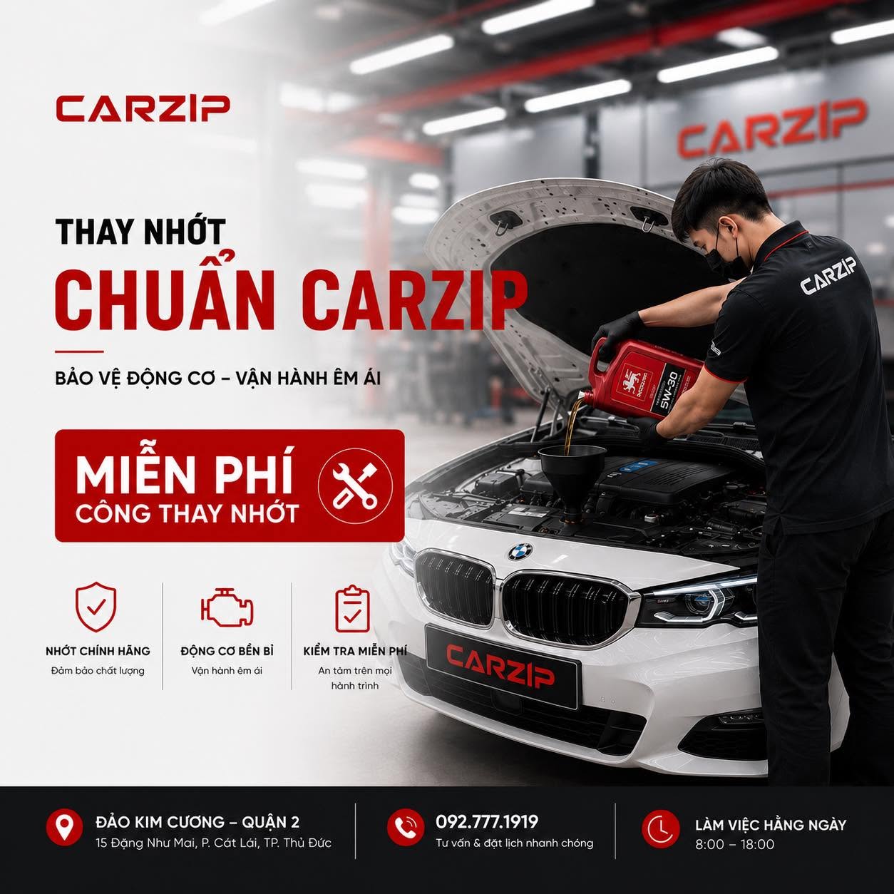 Thay Nhớt Chuẩn CARZIP - Bảo Vệ Động Cơ, Miễn Phí 100% Công Thay